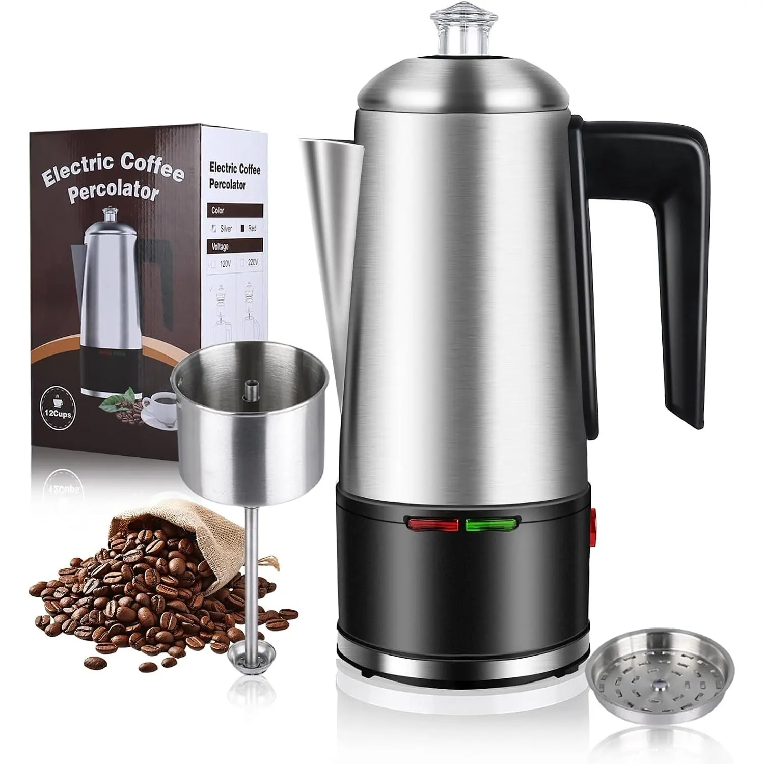 Electric Coffee Percolator 12 CUPS Percolator Coffee Pot,800W Percolator Coffee Maker Stainless Steel with Clear Knob Cool- Handle,Coffee Pot Percolator Auto Keep Warm Function