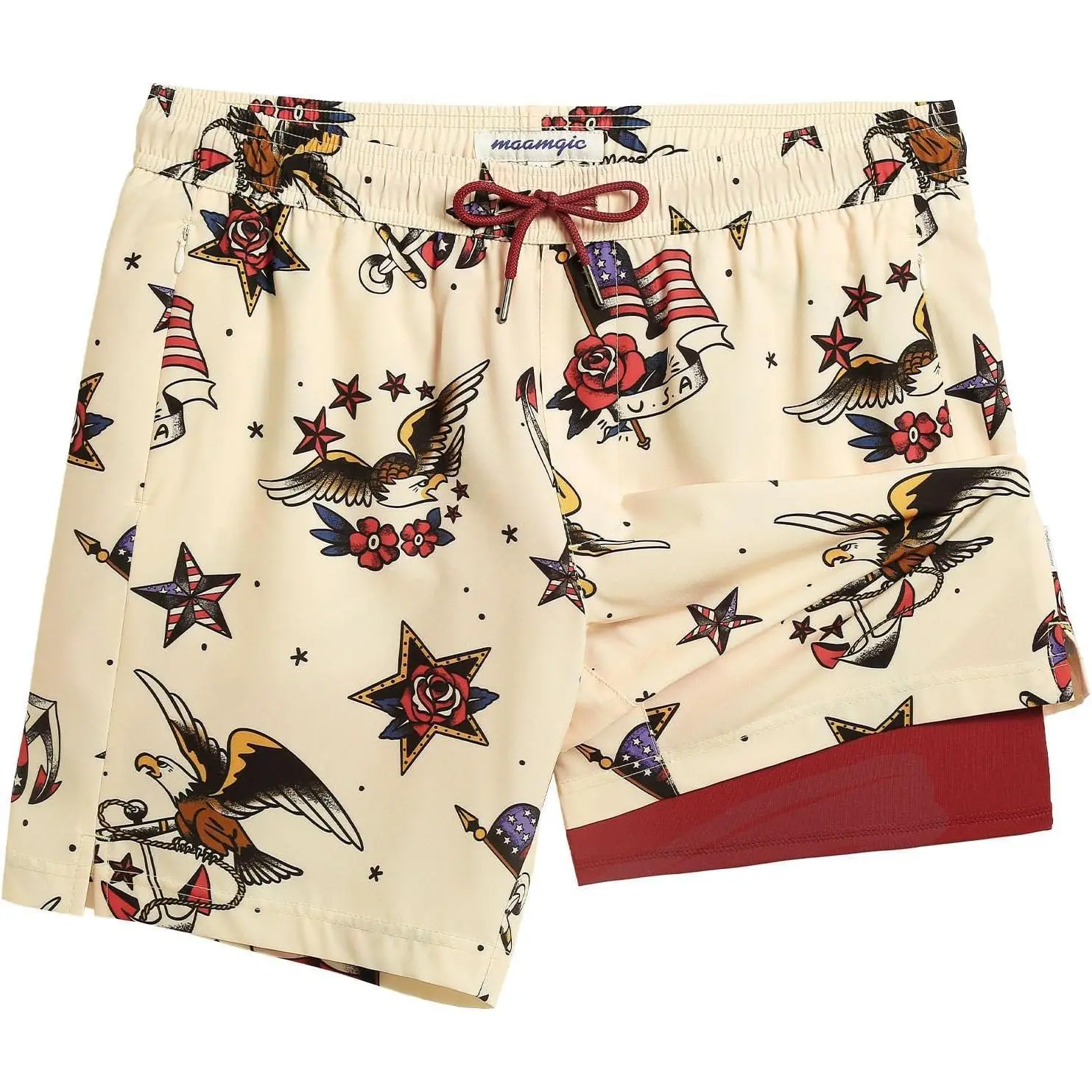 maamgic 7 Inch Mens Swim Trunks with Compression Liner Board Shorts with Zippered Pocket Bathing Suit for Beach Vacation