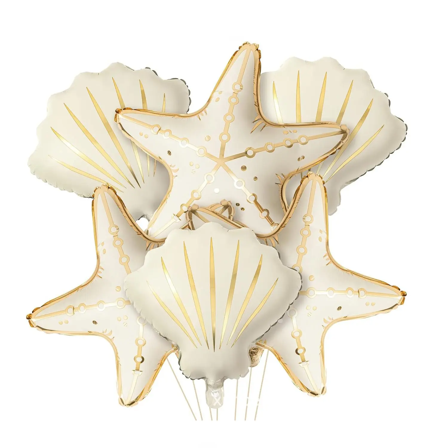 A set Luxury Ocean‑Style Foil Balloon Set, including starfish，seashell foil balloons. Suitable for ocean‑themed birthdays, baby showers, beach & pool parties, seaside event atmosphere decorations, island‑style marriage proposals，anniversary decorations