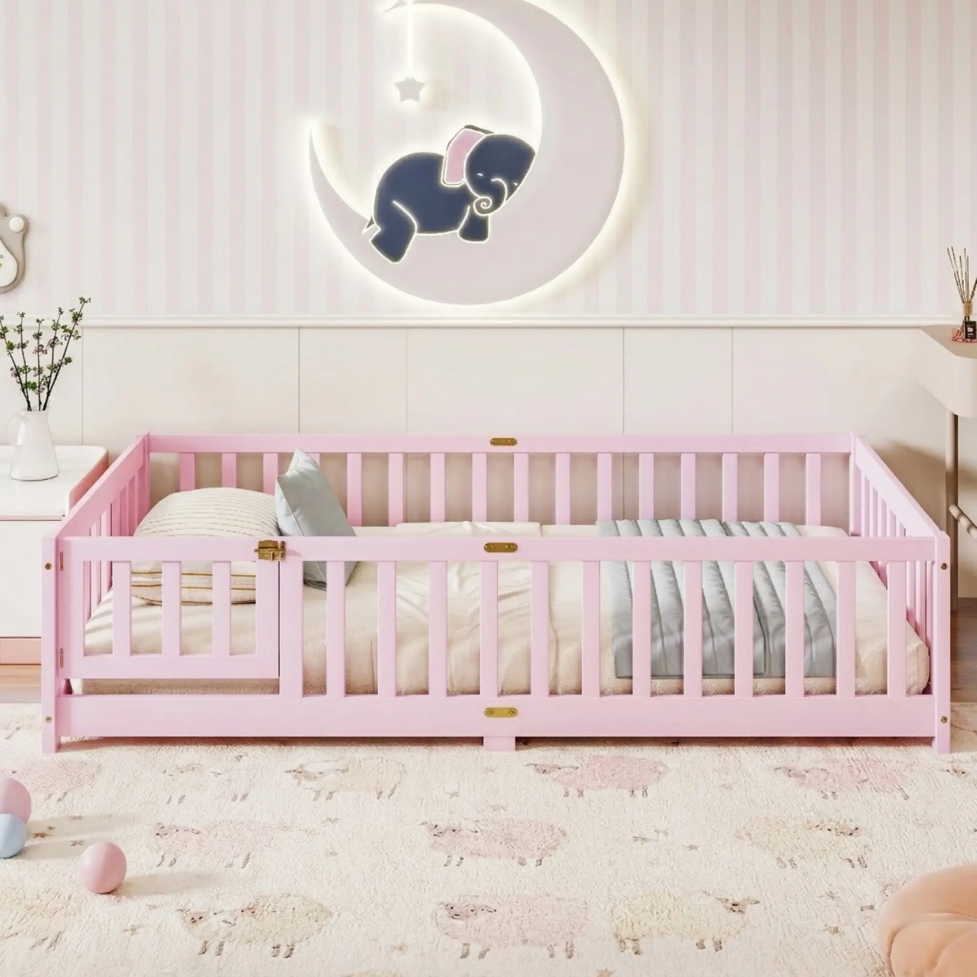 ARCH Twin Size Floor Bed with Fence and Door, Rubber Wood Kids Bed Frame with Safety Guardrails, Montessori Style Low Platform Bed for Toddlers, Pink Children's Bedroom Furniture, Easy Access Design for Independent Sleep, Bedroom Furniture for