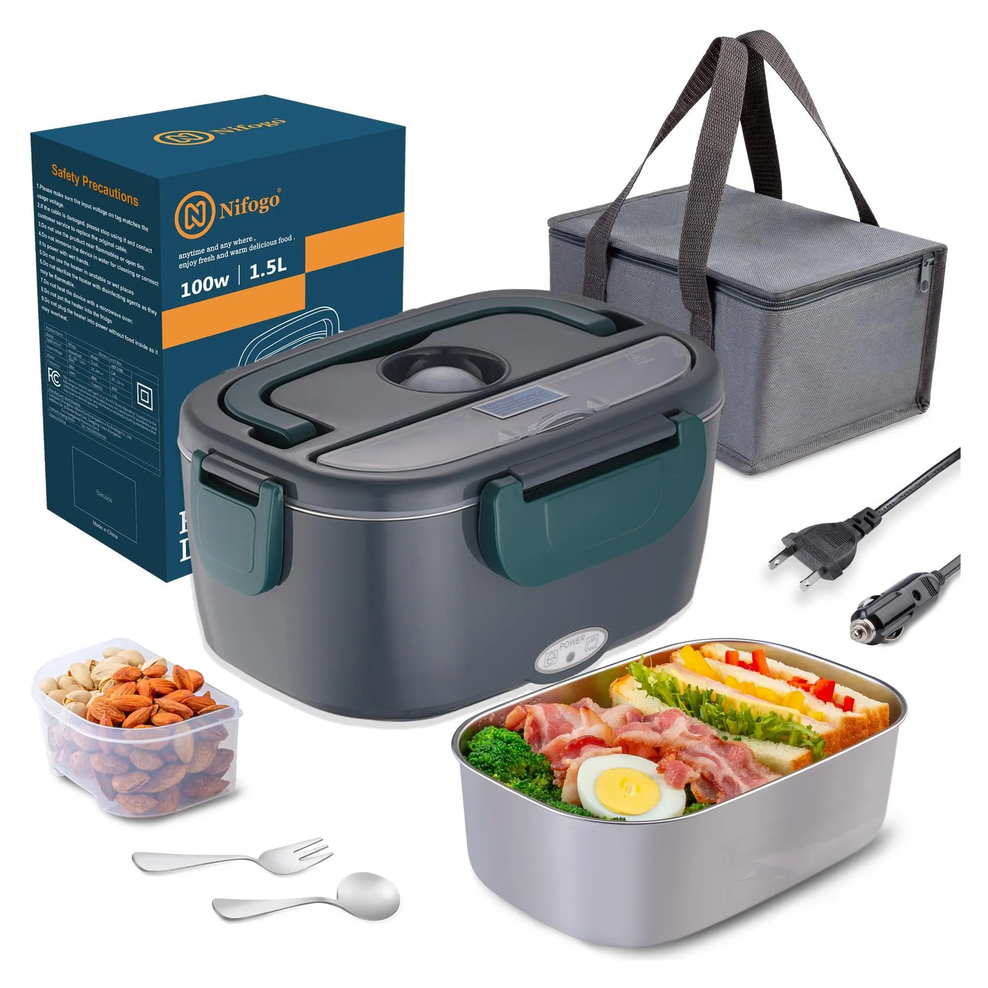 Nifogo 80W 1.8L Stainless Steel Electric Lunch Box - Stylish Modern Square Shape Portable Carry Food Heater with Display Screen, 12V/24V/110V for Work/School (Black, Camp Kitchen Essential), Tableware, Heating Lunch Box