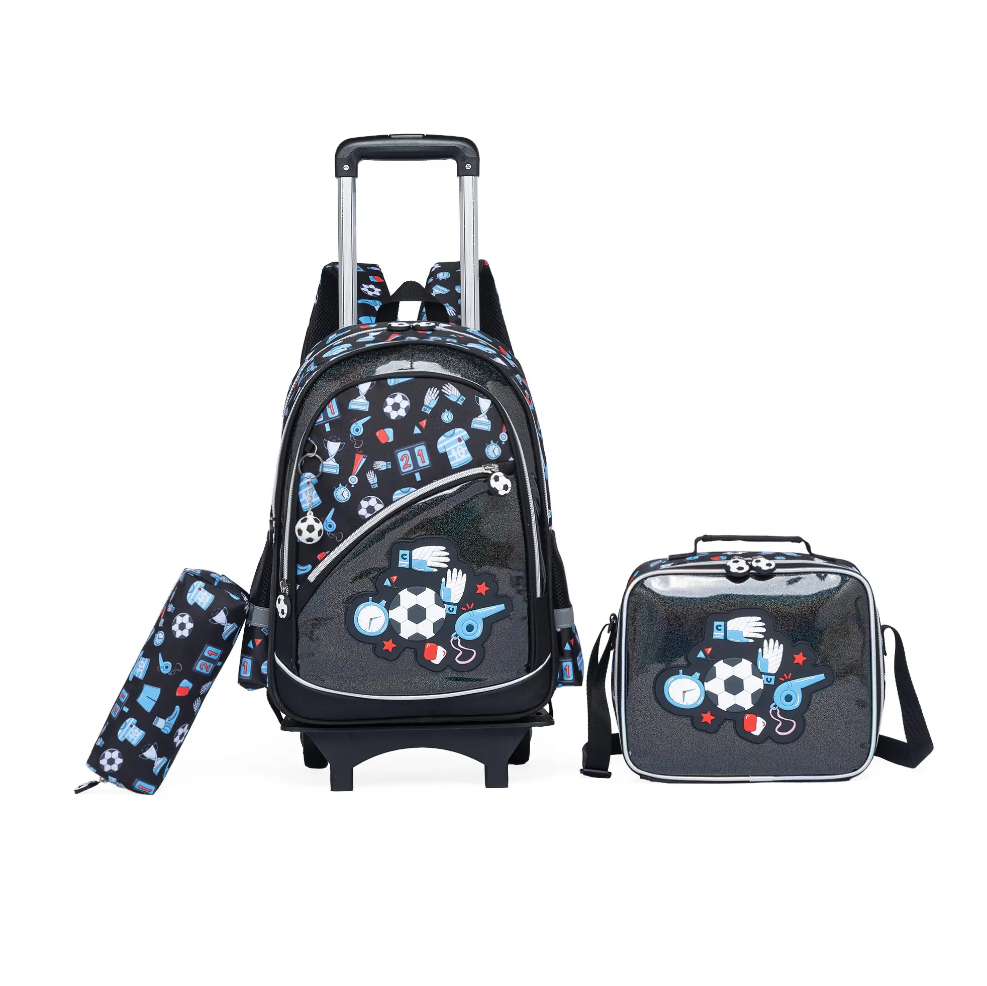Boys' 3-Piece Soccer Trolley Bag - Dustproof, Water-Resistant Rolling Backpack with Detachable Base, Insulated Lunch Box, Pencil Case