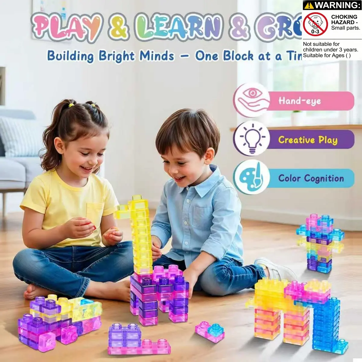 Cube Building Blocks for Kids, Educational Sensory Rainbow Transparent Cubes, Perfect Birthday Gift for Boys and Girls, Random Colors