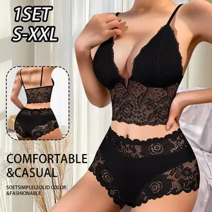 QUASTI 1 Set Women's V-Neck Spaghetti Strap Lace Lingerie Set, No Padding Wire-Free Longline Bra & Panties, Lightweight Solid Color Outfit for Summer Daily Wear S-XXL