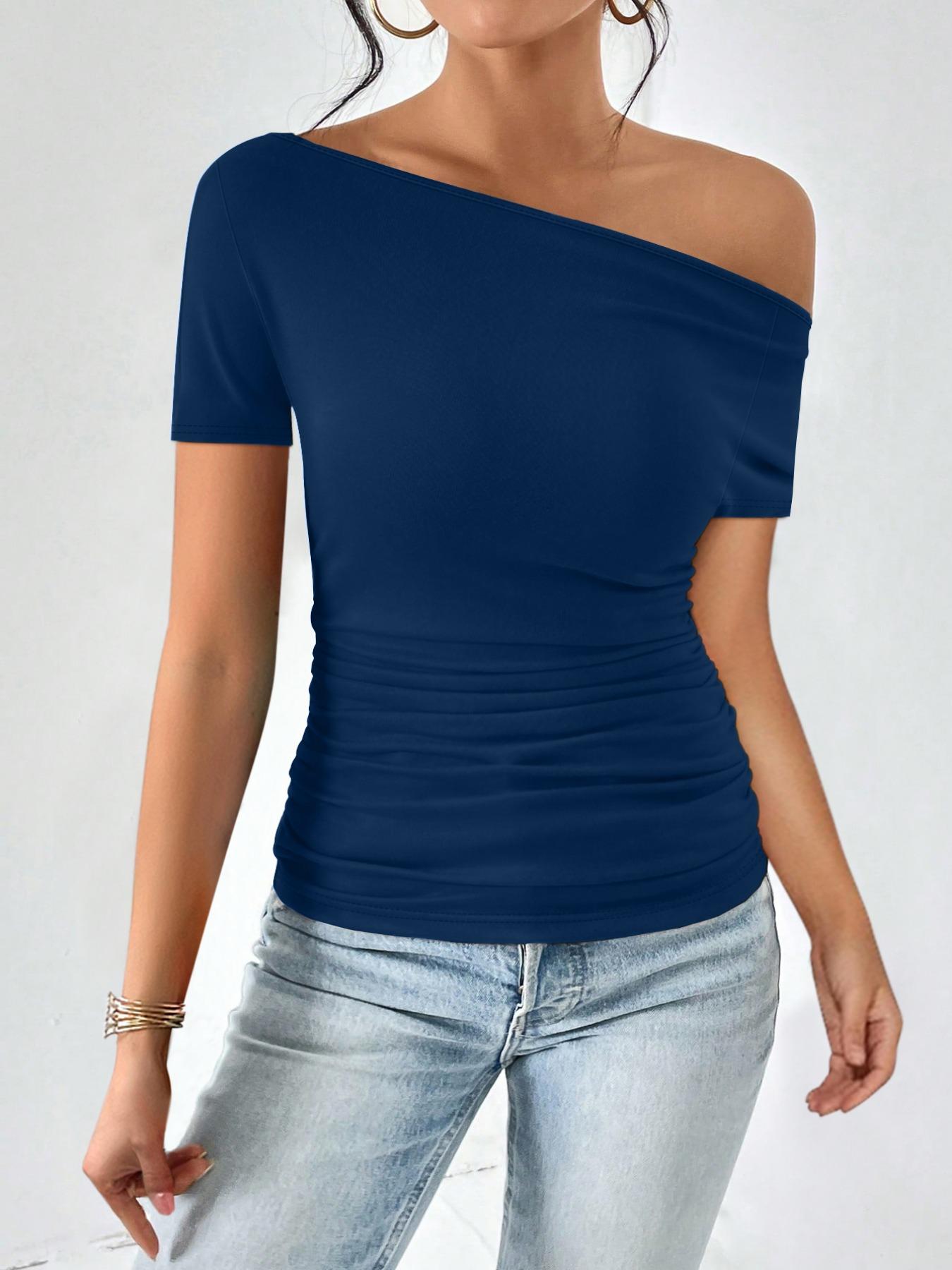 Women's Plain Asymmetrical Neck Tee, Casual Short Sleeve T-shirt for Summer, Women's Top for Daily Wear, Tops for Women, Tshirt, Lady