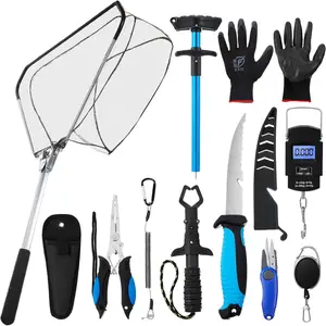 10 Pcs Complete Fishing Tool Combo Kit |   Fishing Pliers with Lanyard & Sheath, Landing Net, Fish Gripper, Fillet Knife, Braid Scissors, Hook Remover, Fish Scale, Fishing Gloves |   All In One Fishing Accessories Gift Set for Men Dad Anglers Fresh Saltwa