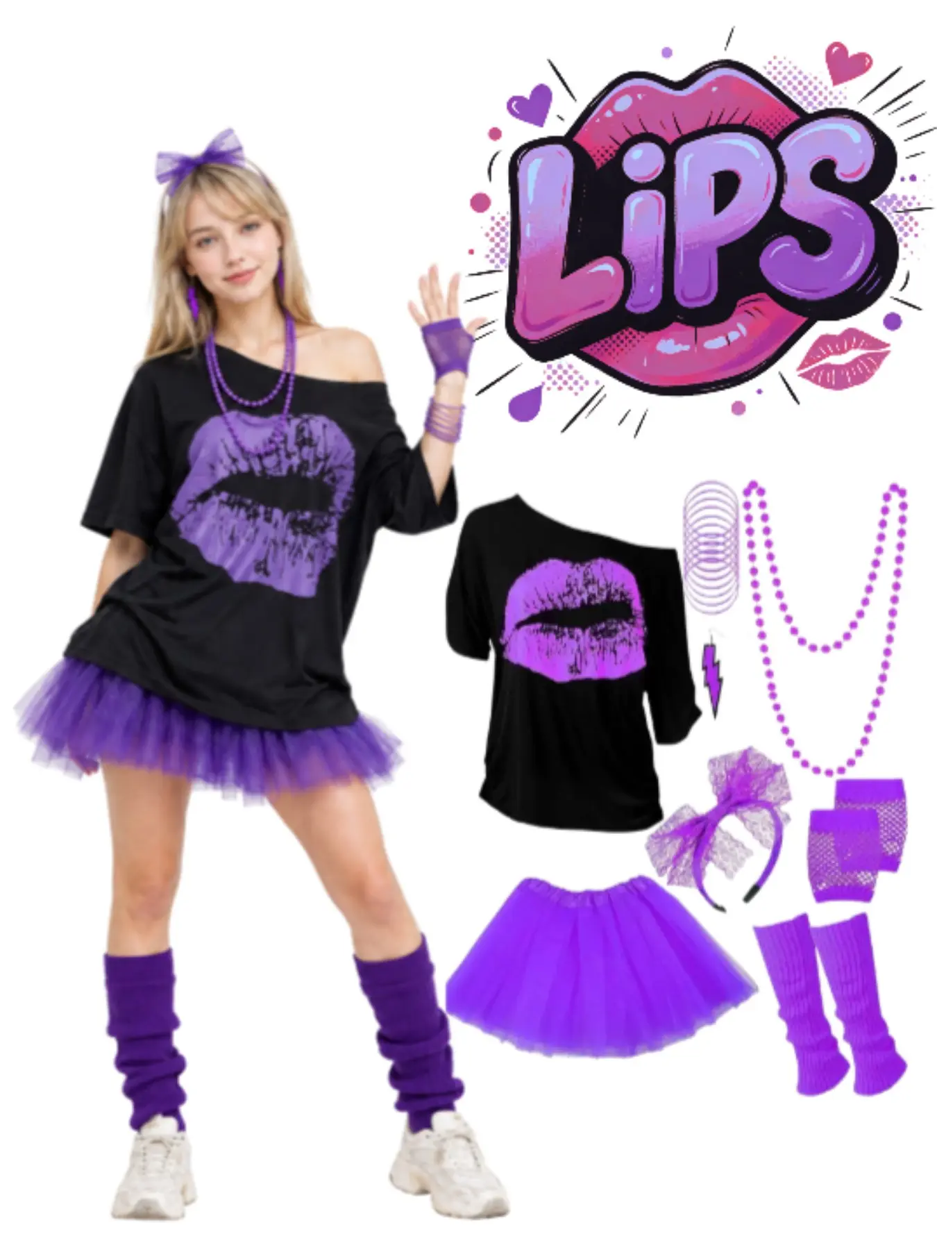 80s Retro Disco Cosplay Set, Dance Costumes, Adult Neon Lip Print T-Shirt Tutu Dress, Perfect for Vintage Theme Parties, Halloween, Retro Dance Events