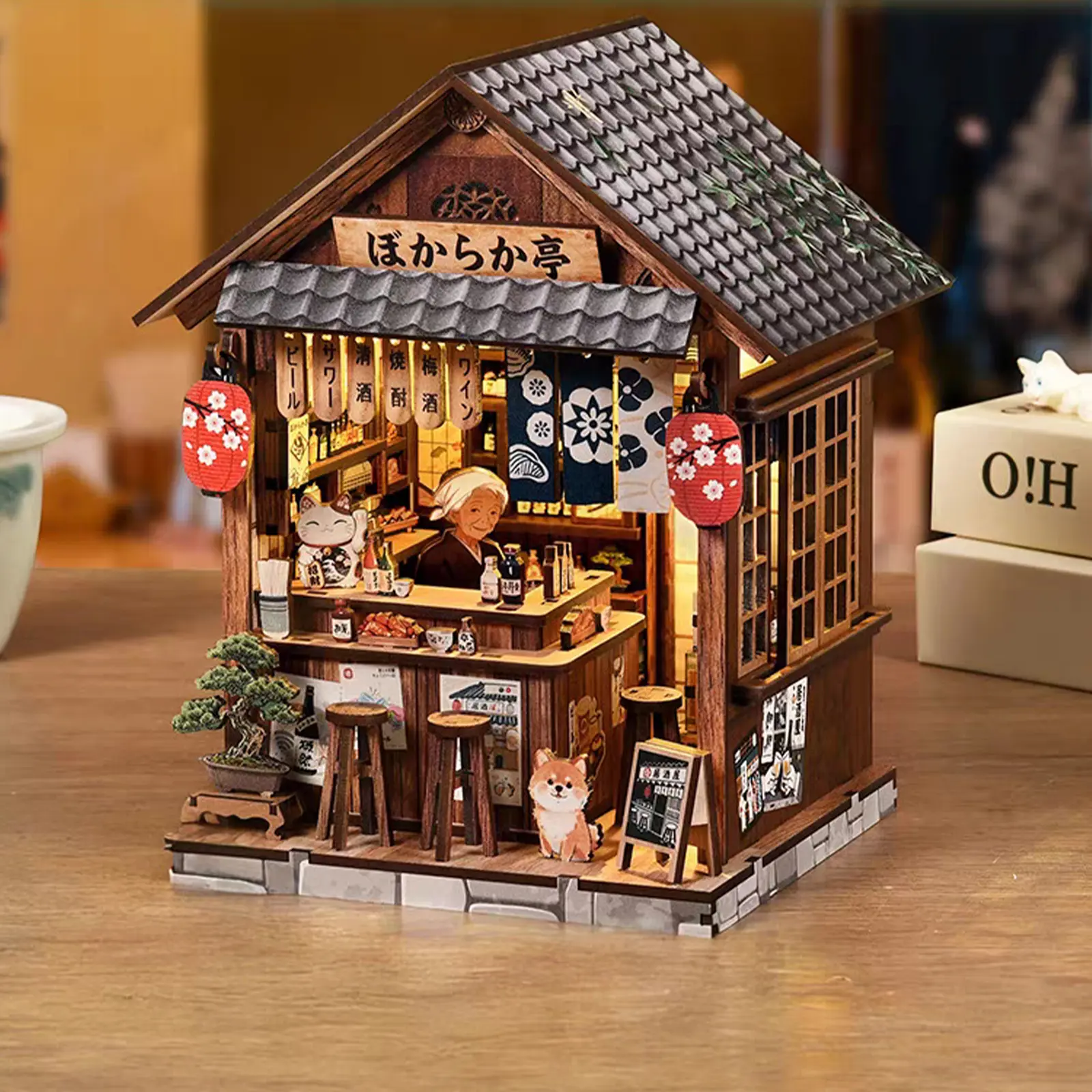 MUSIC PARK 3D Wooden Puzzle for Adults - Serene Japanese Izakaya Book Nook DIY Miniature Dollhouse Model Kit with LED Lights, Shiba Figurine, Wooden Pieces, 1-2 Holiday Gifts (Birthday, Christmas)
