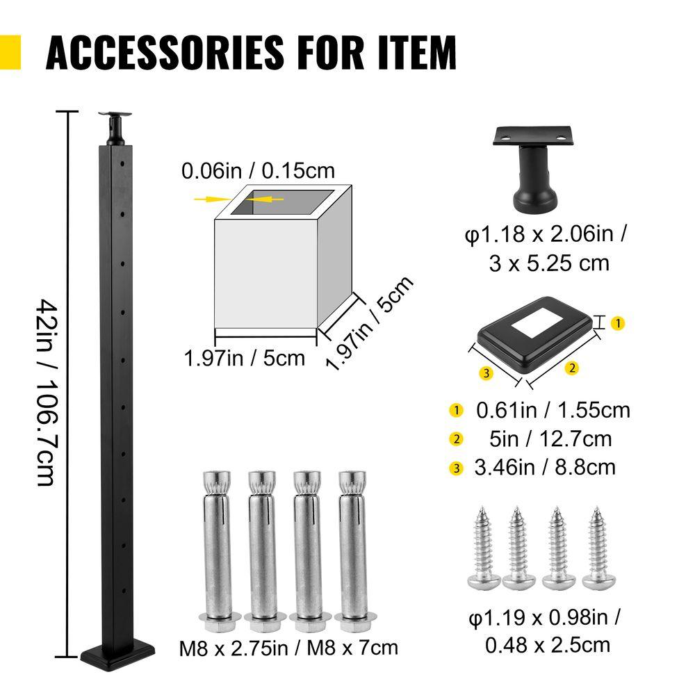 VEVOR Cable Railing Post Level Deck Stair Post 42 x 1.97 x 1.97" Cable Handrail Post Stainless Steel Brushed Finishing Deck Railing Pre-Drilled Pickets with Mounting Bracket Stair Railing Kit Black