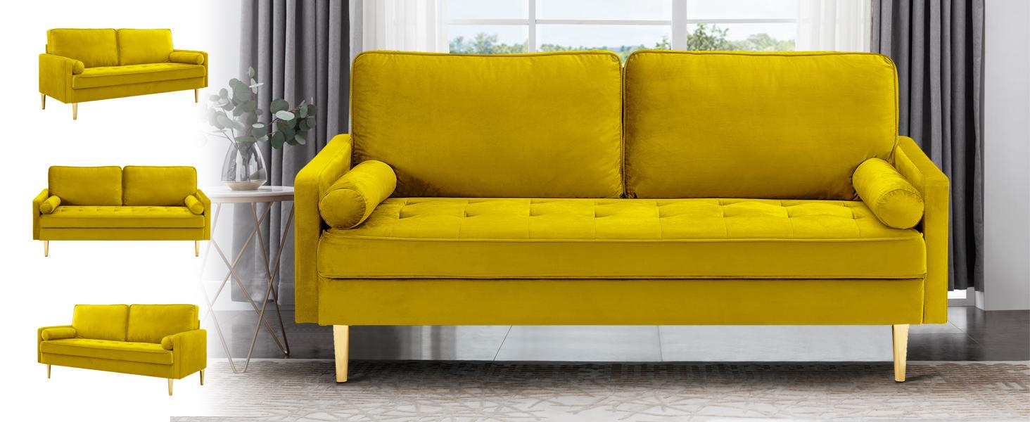 SZLIZCCC 67 Inch Modern Velvet Loveseat Sofa with Tufted Upholstered Back - Mid-Century Compact Design for Small Spaces Living Room&Bedroom (Yellow)​​