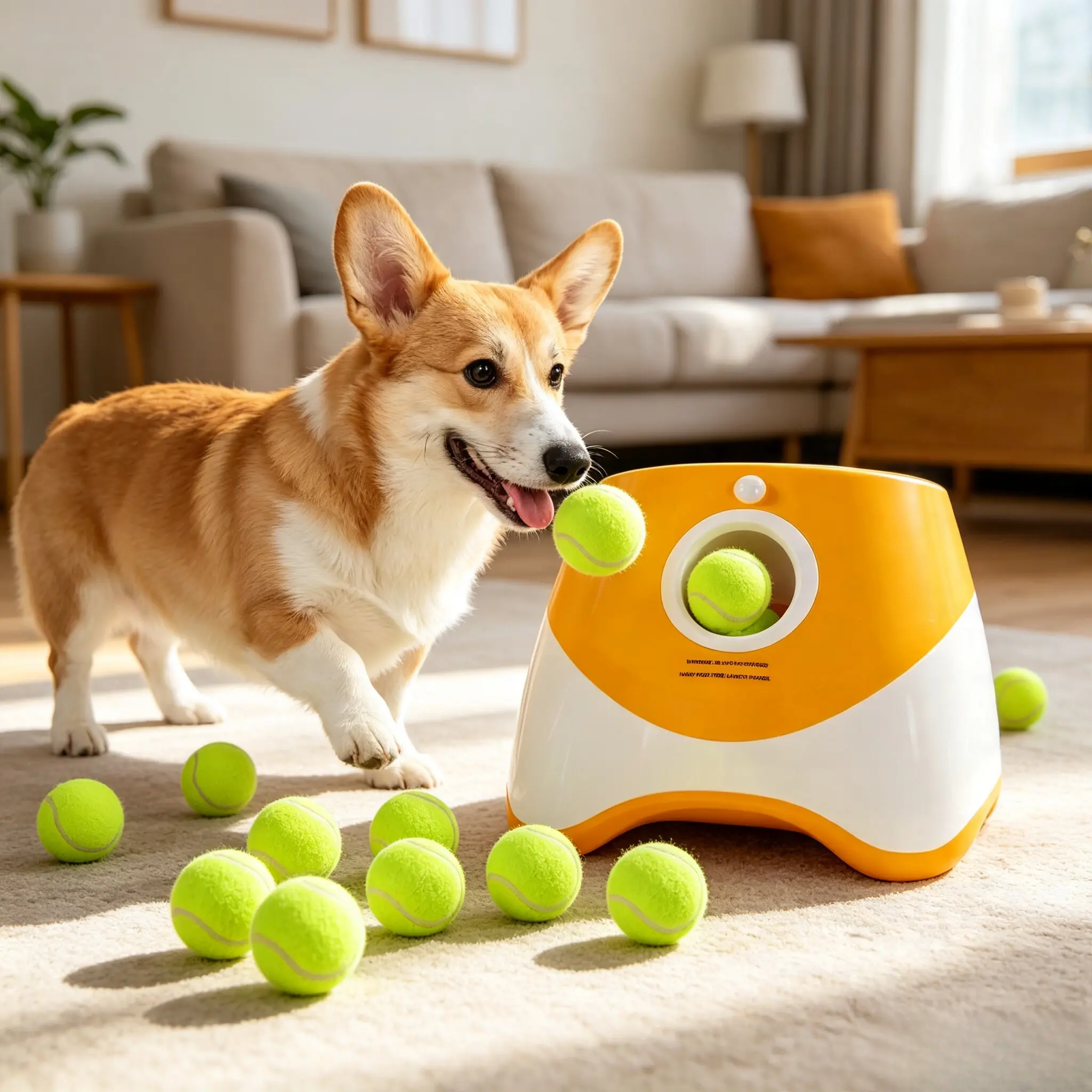 Automatic Dog Ball Launcher, Interactive Auto Tennis Ball Thrower with 5 Mini Tennis Balls, Adjustable Launch Distance Self Play Fetch Toy for Small Medium Dogs Indoor & Outdoor Use