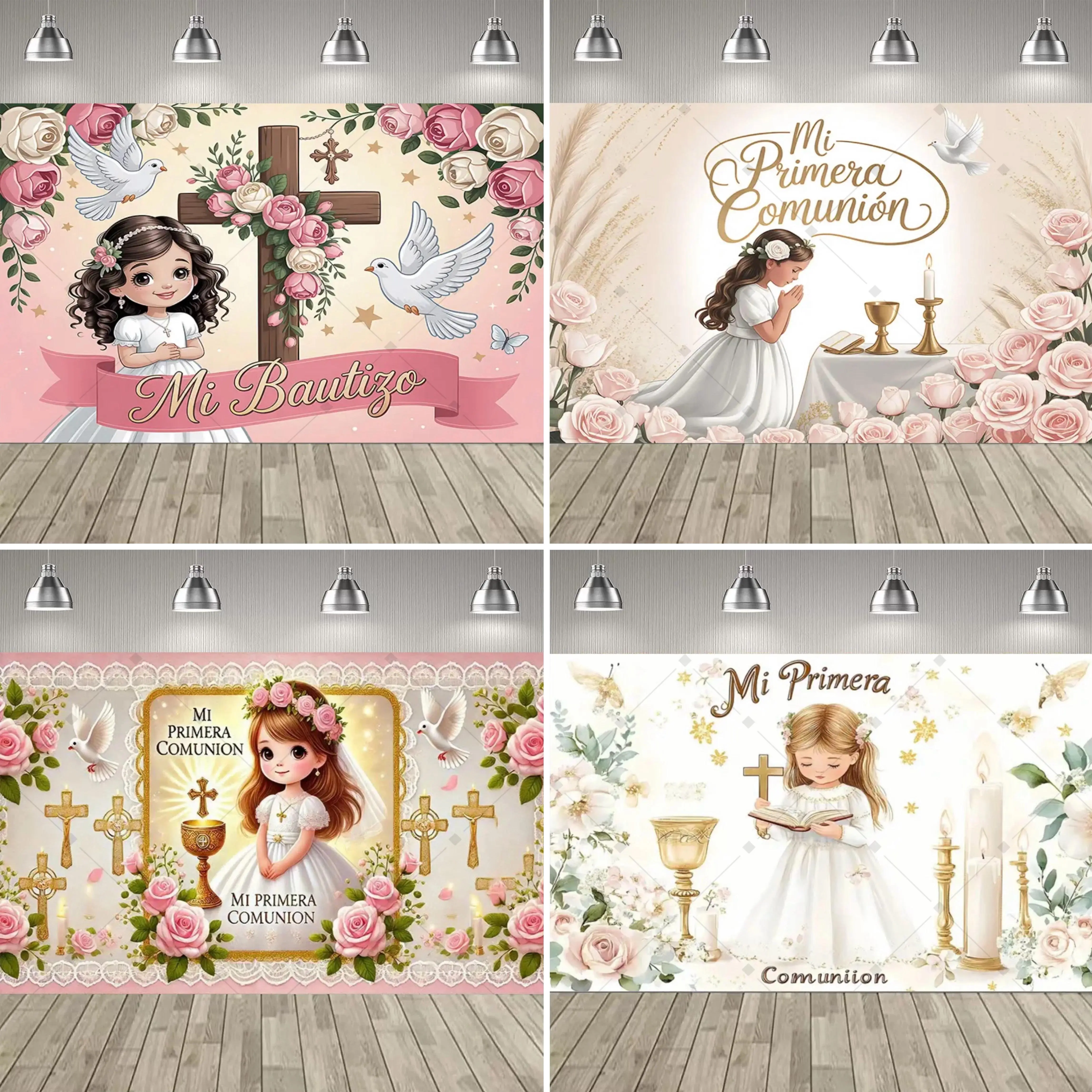 Kids' Lightweight Hanging Photo Backdrop Kit with Cross & Holy Grail - Room Decoration for First Communion & Baby Baptism Party Supplies Banner Gift