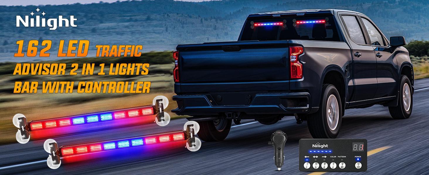 Nilight 162 LED Traffic Advisor Strobe Light Bar 2-in-1 Red Blue  Warning Hazard Lights with Controller 4 Switchable Color 36 Flash Pattern for Trucks Cars Tow Plow Construction Vehicles