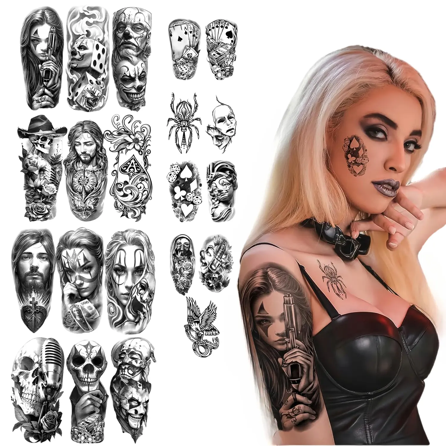 77 Sheets Chicano Temporary Tattoos, Realistic Large Cholo Chola Joker Clown Prisoner Tattoo Stickers, Waterproof Long Lasting Mexican Cultural Sleeve Tattoos for Men Women Teens