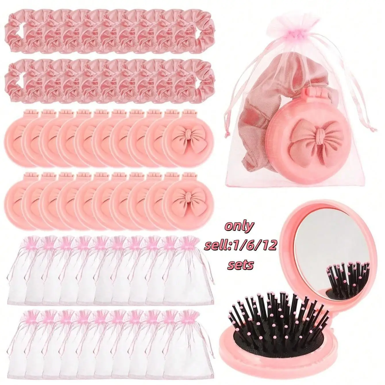Bow Party Gift Set, Bow Folding Mirror, Mini Travel Comb, Mirrored Hairband, Satin Hair Tie, Organza Bag, Party Favors, Guest Gifts, New Year 2026