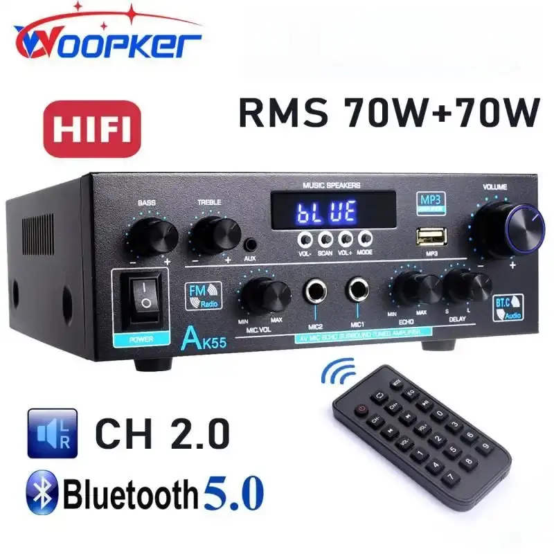 Woopker AK55 Compact 2.0 Channel Bluetooth 5.0 Stereo Amplifier, 600W Power Stereo Receiver, Wireless Smartphone Compatibility, Remote Control, AUX, RCA, Echo, USB, 2 MIC Inputs, for Home Party, Karaoke Use
