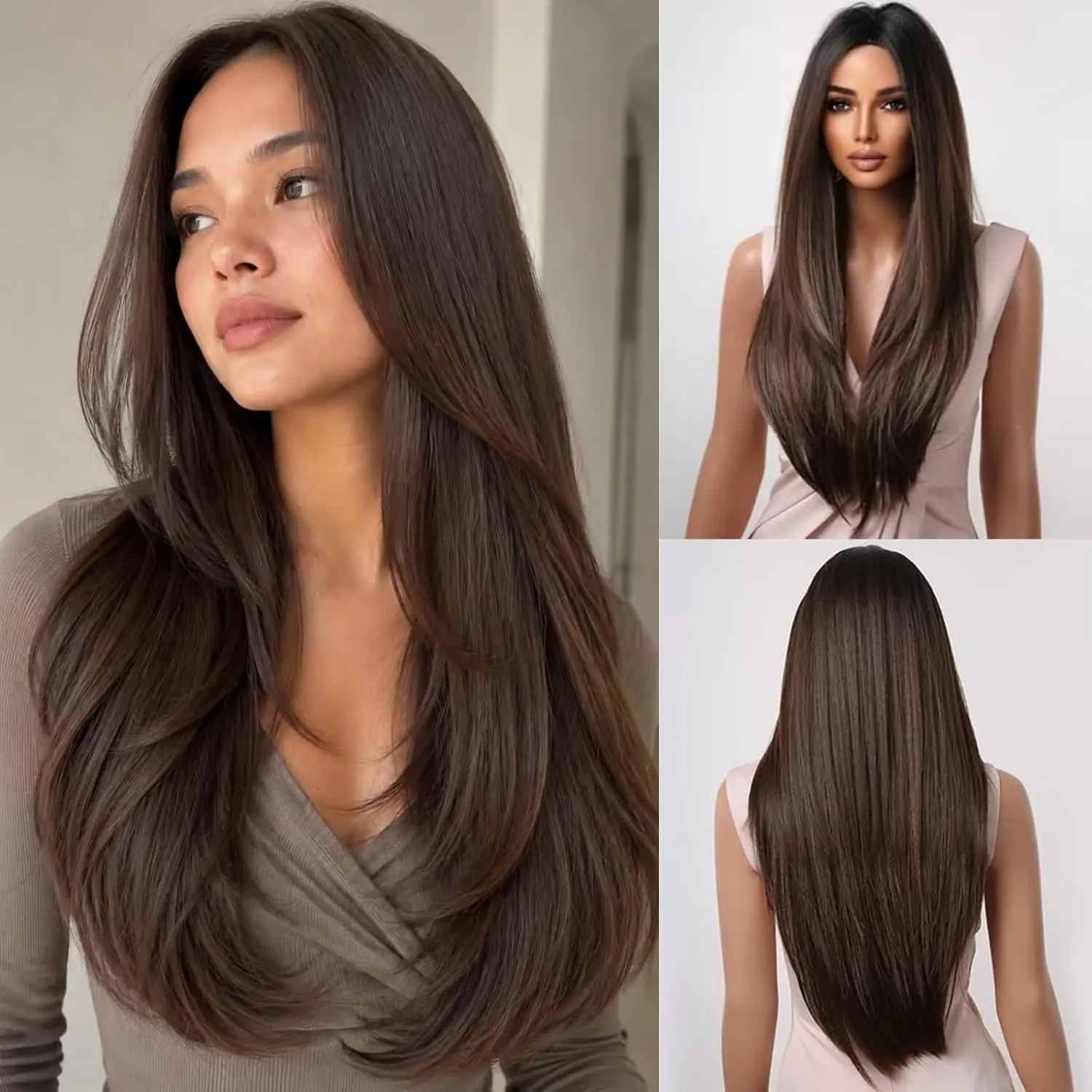 Brown Wig for Black Women Long Straight Layered Wigs  Honey Brown Hair Wigs Dark Brown Roots 24 Inch Middle Part Synthetic Wig for Girl Party Wear
