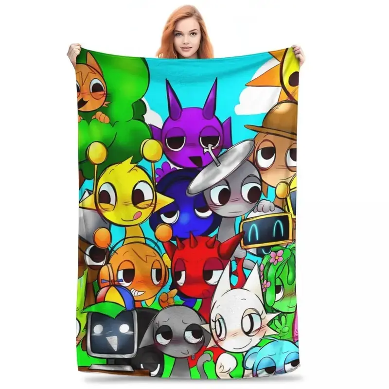 Sprunki Incredibox Character Print Multi-Size 1-Piece Pure Cotton Throw Blanket, Full-Printed Colorful Cartoon Sprunki Group Design, Anti-Pilling High-Density Soft Warm Blanket for Game Music Fans, Outdoor Travel & Home Use Gift