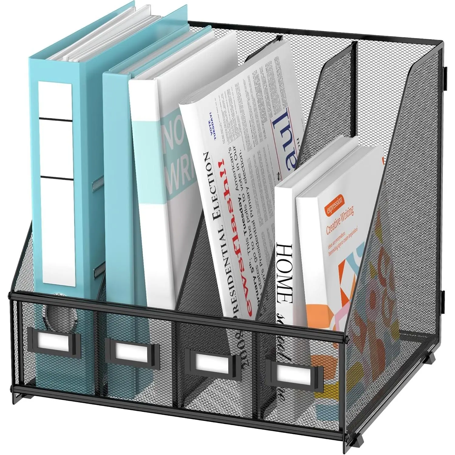 4-Compartment Magazine File Holder and File Organizer for Desk, Black | Metal Magazine Holder and Magazine File Holder, 4-Compartment File Organizer for Binders Folders Magazines and Paper