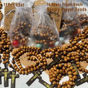 18pcs/6sets Handmade Wooden Cross Rosary Amulet Party Favor Packs, perfect for baptisms favors, wedding favors, first communion gifts, confirmations, party favors, church donations, religious keepsakes, Christmas gifts, Easter, Catholic rosary gifts
