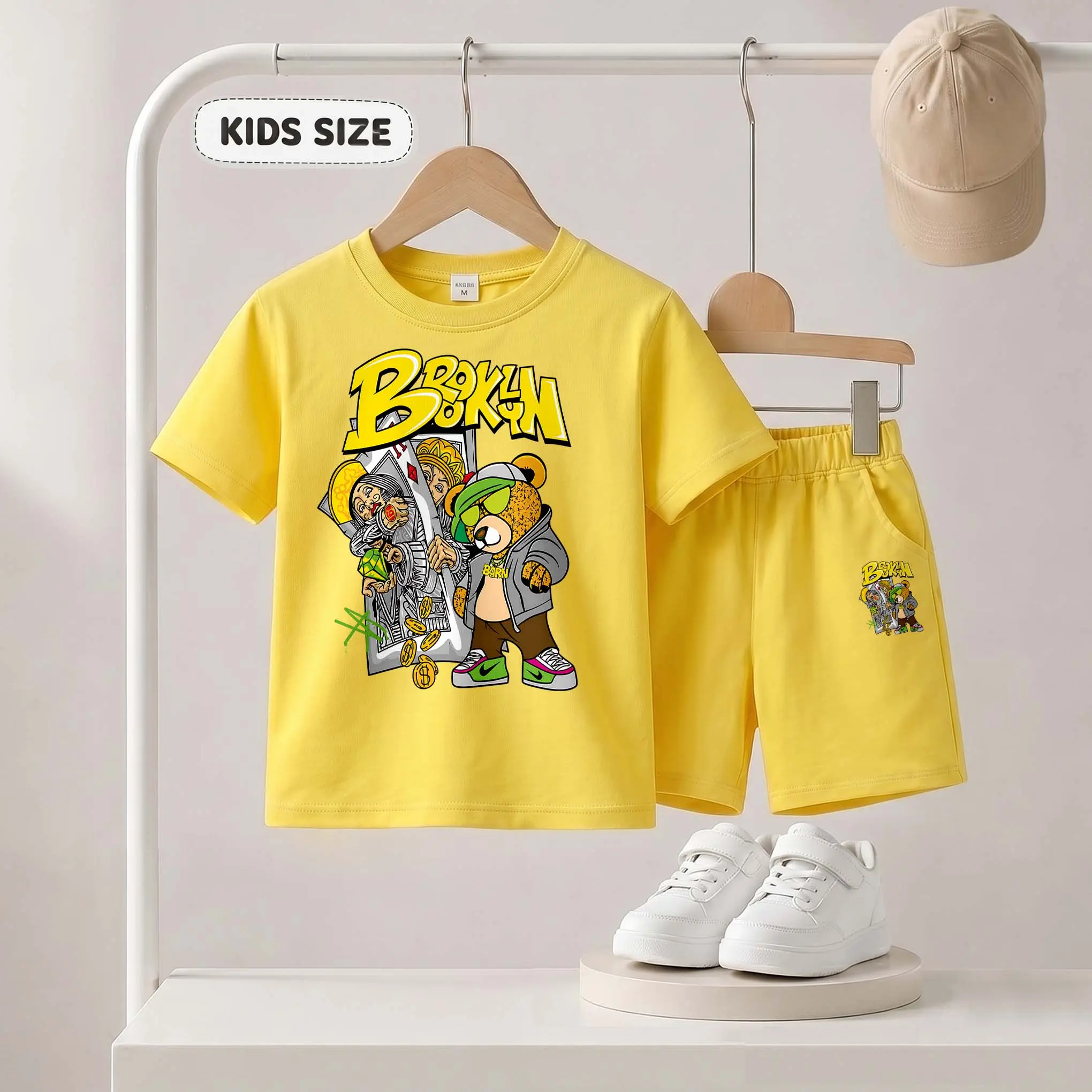 Kids’ "Brooklyn" Graffiti-Style Teddy Bear Print Short-Sleeve T-Shirt And Shorts Set—Casual Summer Kids' Clothing. This Round-Neck Outfit Combination Is Perfect For Everyday Wear And Outdoor Play.