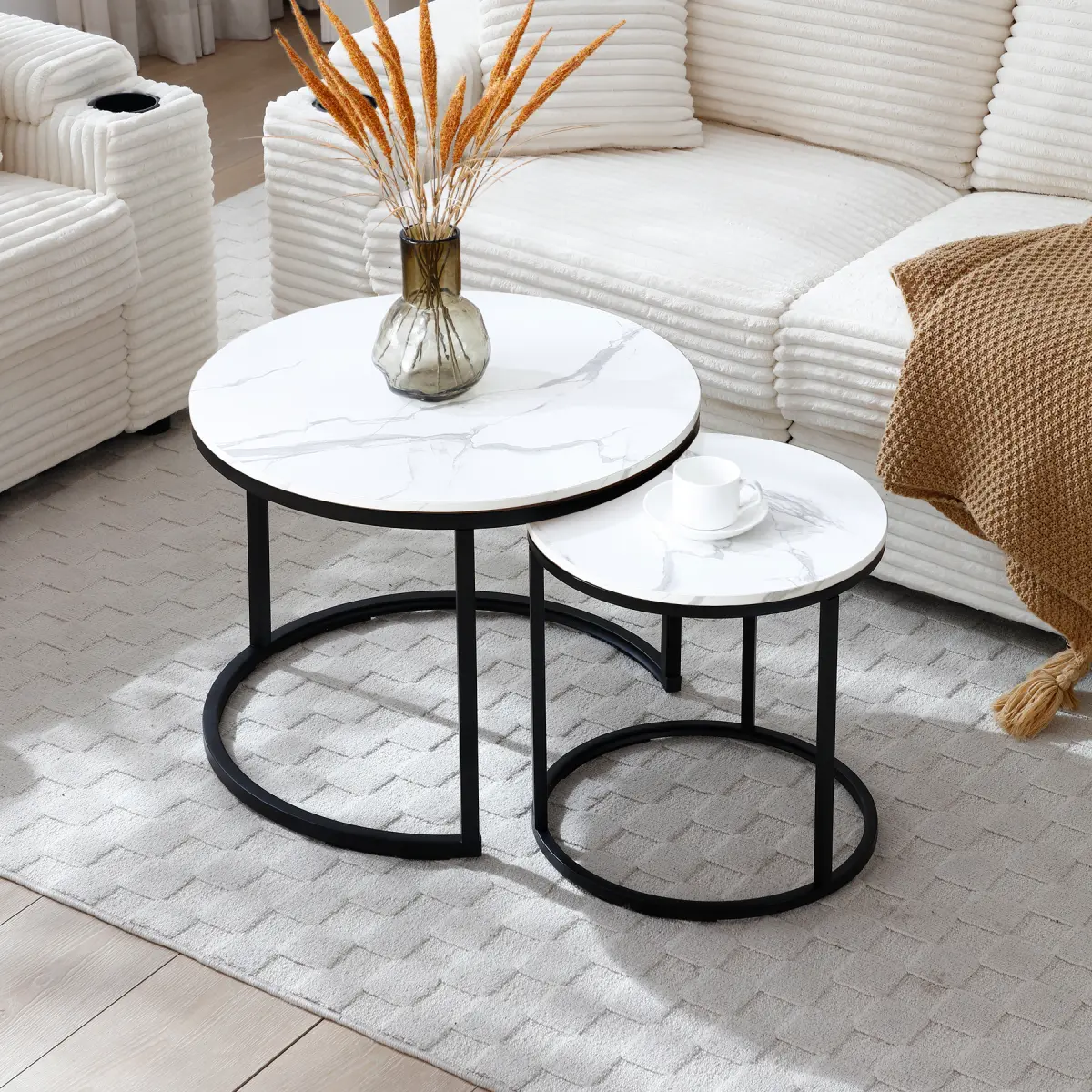 Modern Industrial 2-Piece Round Nesting Coffee Table Set - Sturdy MDF Top, Metal Frame, Space-Saving Stackable Design, Adjustable ft (Standard Abbreviation Compliant), Easy Setup, Easy Assembly for Living Room, Small Spaces