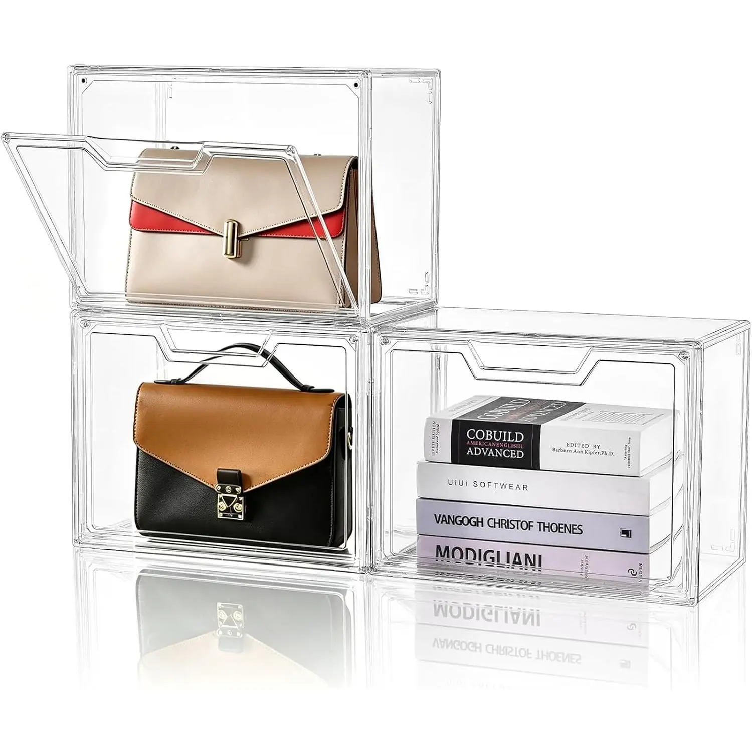 Purse Organizer for Closet,Clear  Display Case for Handbag Organizer, Purse Storage Box with  Door, Plastic Storage Bins for Book, Collectibles,  (3 Pack)