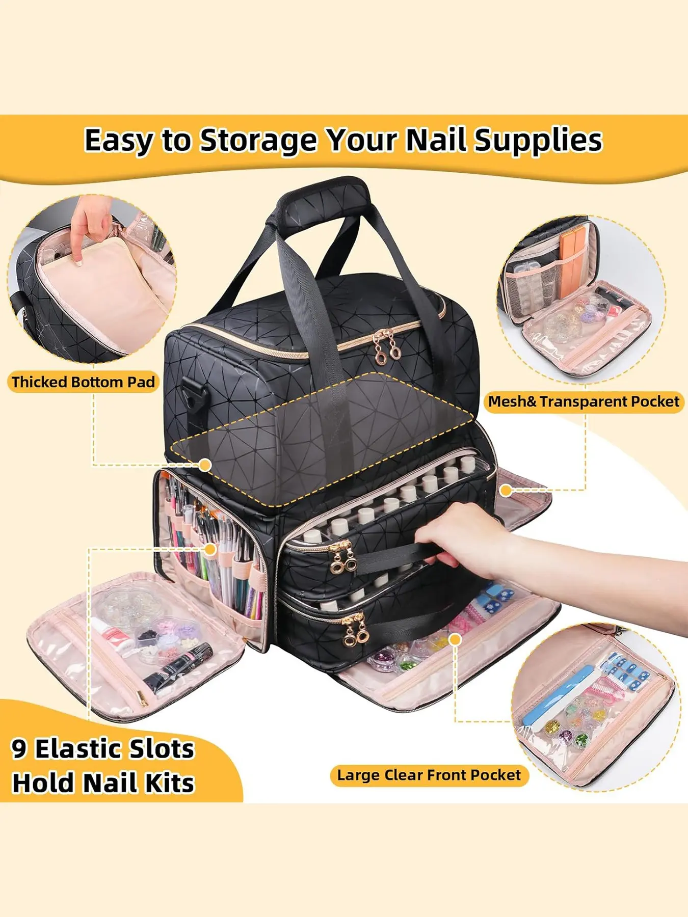 Double Layer Nail Polish Organizer Holds 80 Bottles (15ml - 0.5 fl.oz) and a Nail Dryer, Nail Polish Case with 2 Removable Pouches and Tools Storage Sections, Nail Supplies Organizer, BAG ONLY, Detachable Trolley not Include