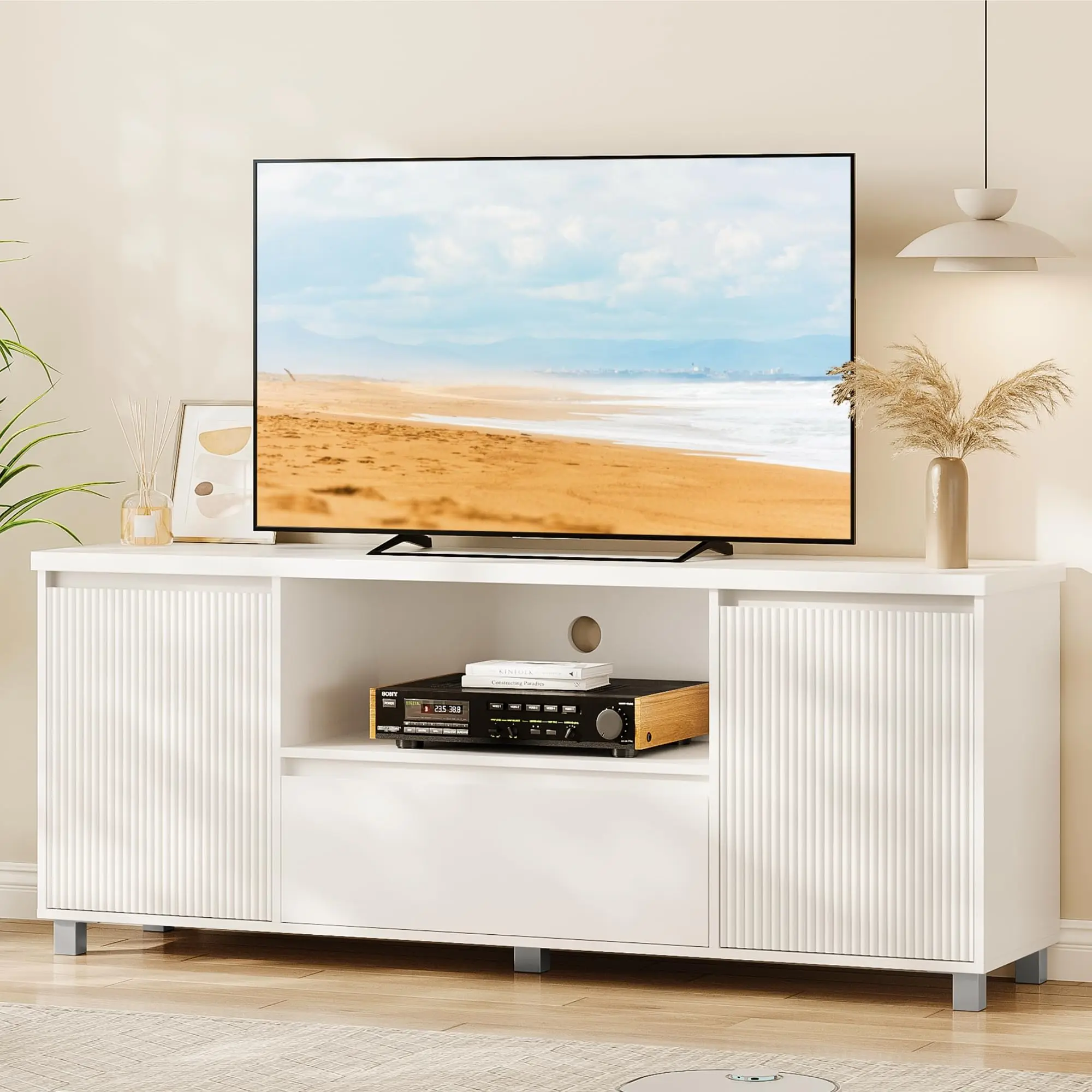 GARVEEFluted Entertainment Center for 65 Inch Screen, Modern Media Console with Storage Drawer and Open Shelf, Stylish White TV Stand Cabinet for Living Room and Bedroom