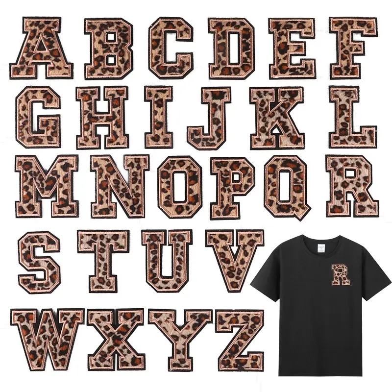26 leopard print letter embroidery patches, heat transfer DIY patches for repairing clothes and accessories, suitable for clothing, bags, shoes, hats, and home decor, iron-on application