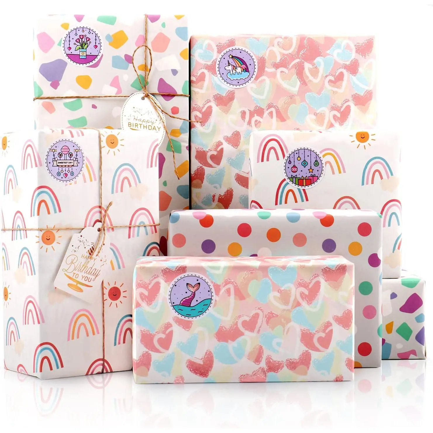8 Sheets  Wrapping Paper Set, Rainbow Birthday Wrapping Paper for Girls, Wrapping Paper Sheets with  Tags and Stickers for Woman  Birthday,  Shower, Wedding, Valentine's Day, Easter, 20 x 28 Inch