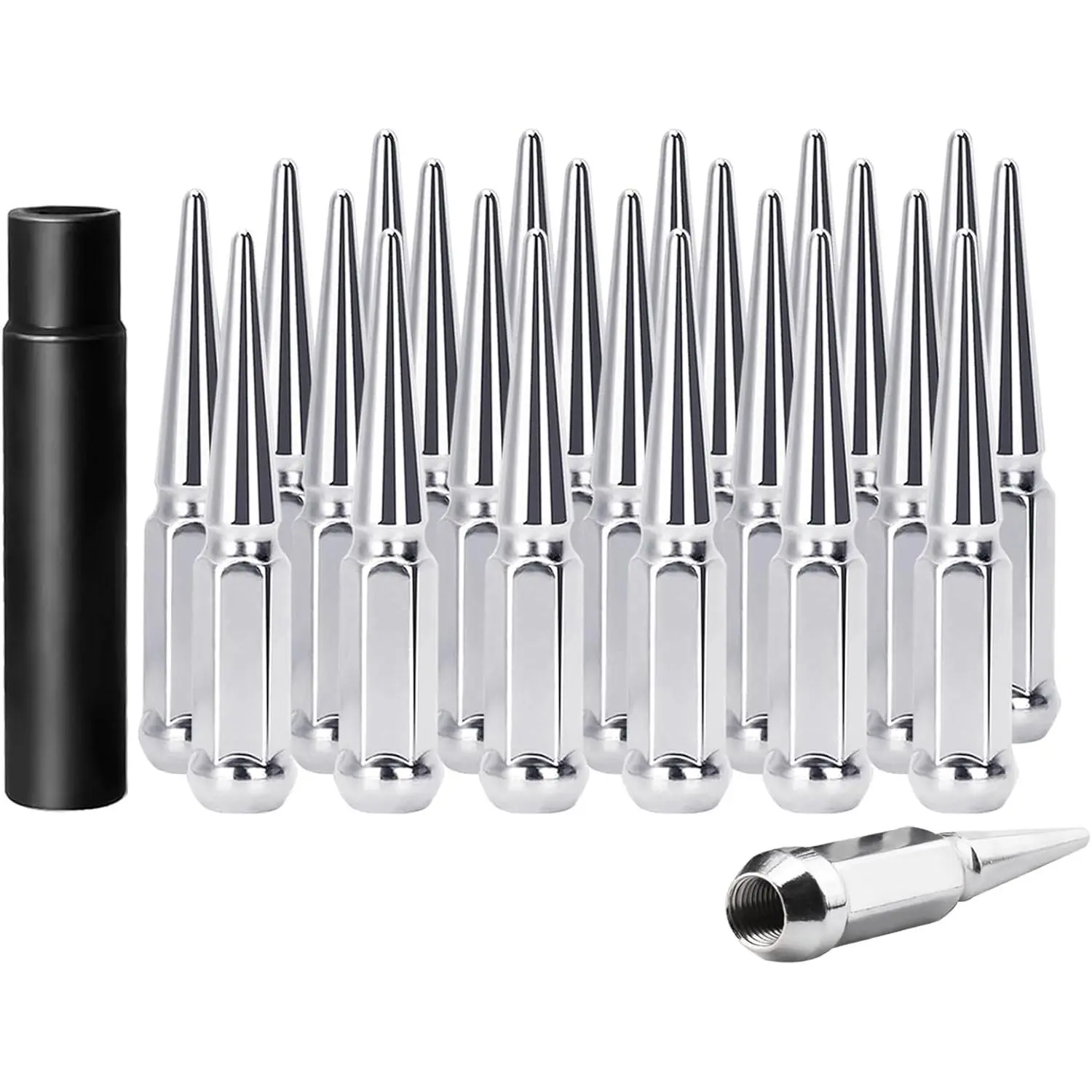 Set of 24, 14 mm x 1.5 Wheel Spike Lug Nuts, M14x1.5 Conical Bulge Seat, Closed End Spiked Lug Nuts with 1 Socket Key for Silverado Sierra 1500Aftermarket Wheel, Conical Seat, Includes Key, Wheel Accessories, Metal Lug Nuts