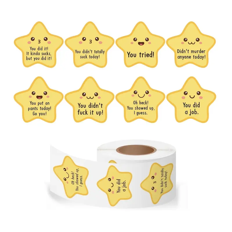 Gold Star Inspirational Stickers - 500Pcs 3.8cm/1.5inch Incentive Phrase Cute Cartoon Self-Adhesive Decals, Funny Gold Star Coworker Planner Label Gift for Coworker Boss Rewards Office Guitar Laptop