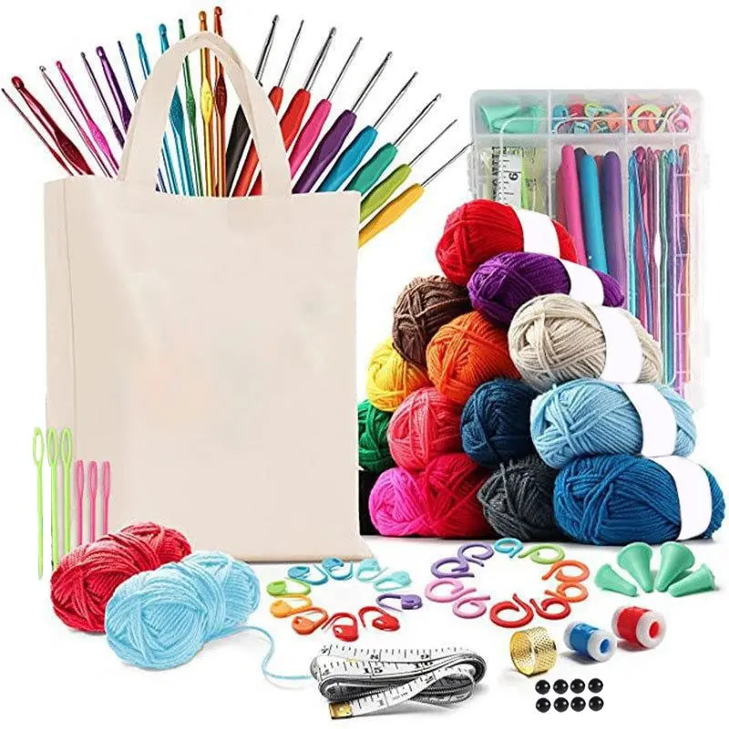 Knitting and Crochet Supplies Kit, Beginner Adult and Child Crochet Set, Advanced Crochet Kit, 21 Pieces Crochet hook with Yarn, Canvas Bag Included