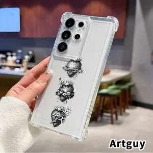 Phone Case for Samsung Galaxy S25 S24 S23 Plus FE S22 Ultra Transparent Anti-Yellowing Protective Cover Clear Four Corners Sacred Heart Pattern Printed Anti-drop Shockproof Cellphone Casing