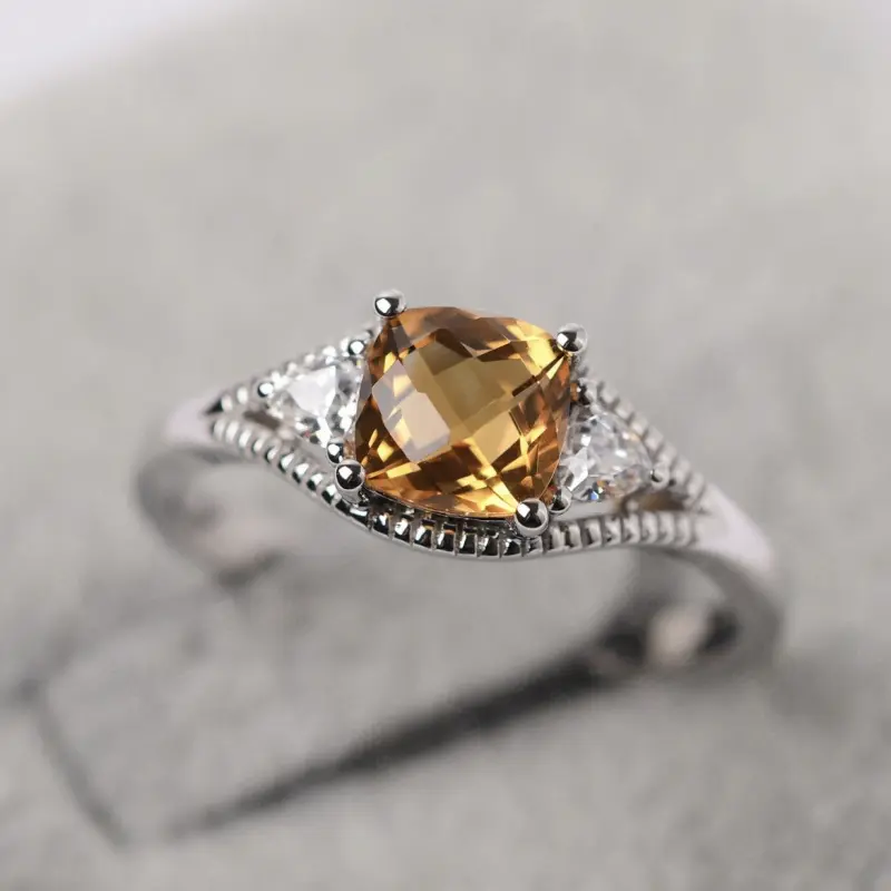 Female Champagne Diamond Ring - Alloy Metal, Central Gem-Flanked, Cubic Zirconia-Inlaid Elegant Everyday Casual Costume Jewelry Accessory