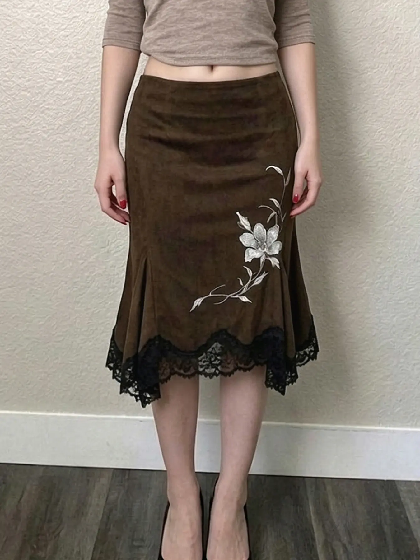 Vintage Floral Embroidered Midi Skirt, Y2K Low Waist Ruffle Fish Tail Lace Patchwork, Elegant Boho Style, Boho Skirts, Women's Spring Fall Fashion