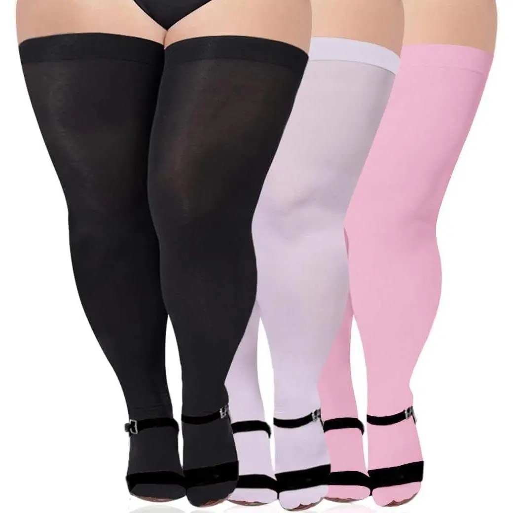 3 Pairs Plus Size Thigh High Stockings for Thick Thighs Extra Long Women's Opaque Sheer Stockings(Gift)