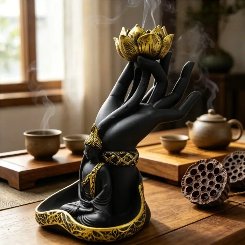 Zen Buddha Hand Resin Incense Burner, Calming Home Fragrance, Decorative Smoke Flow Incense Holder, Craftsmanship for Study Room and Living Room