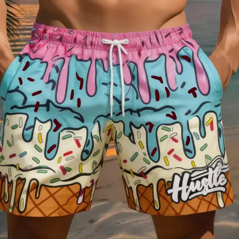 Men's Vibrant Ice 3D Print Beach Shorts, Lightweight Polyester Drawstring Waist Casual Shorts, Summer Golf Fishing Basketball Camping Gym Swimwear, Swimming Trunks, Swim Bottoms
