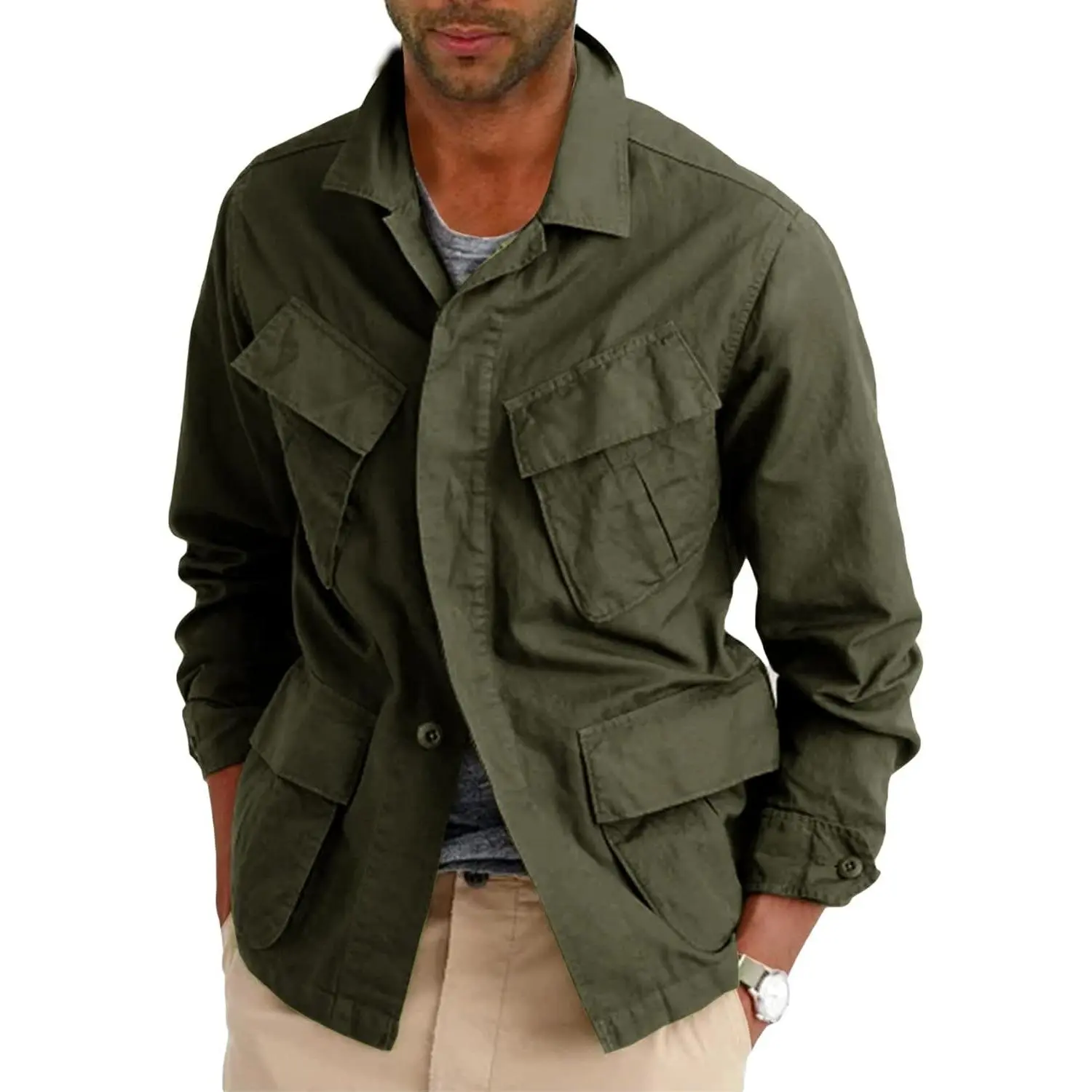 Women's Natural Cotton M65 Field Coat - Classic Menswear-Inspired Military Safari Tops, Plain Fashion Long-Sleeve Stand-Collar Button-Down Outdoor Outwear with Multiple Pockets, Lightweight Warm for Fall Winter Sightseeing