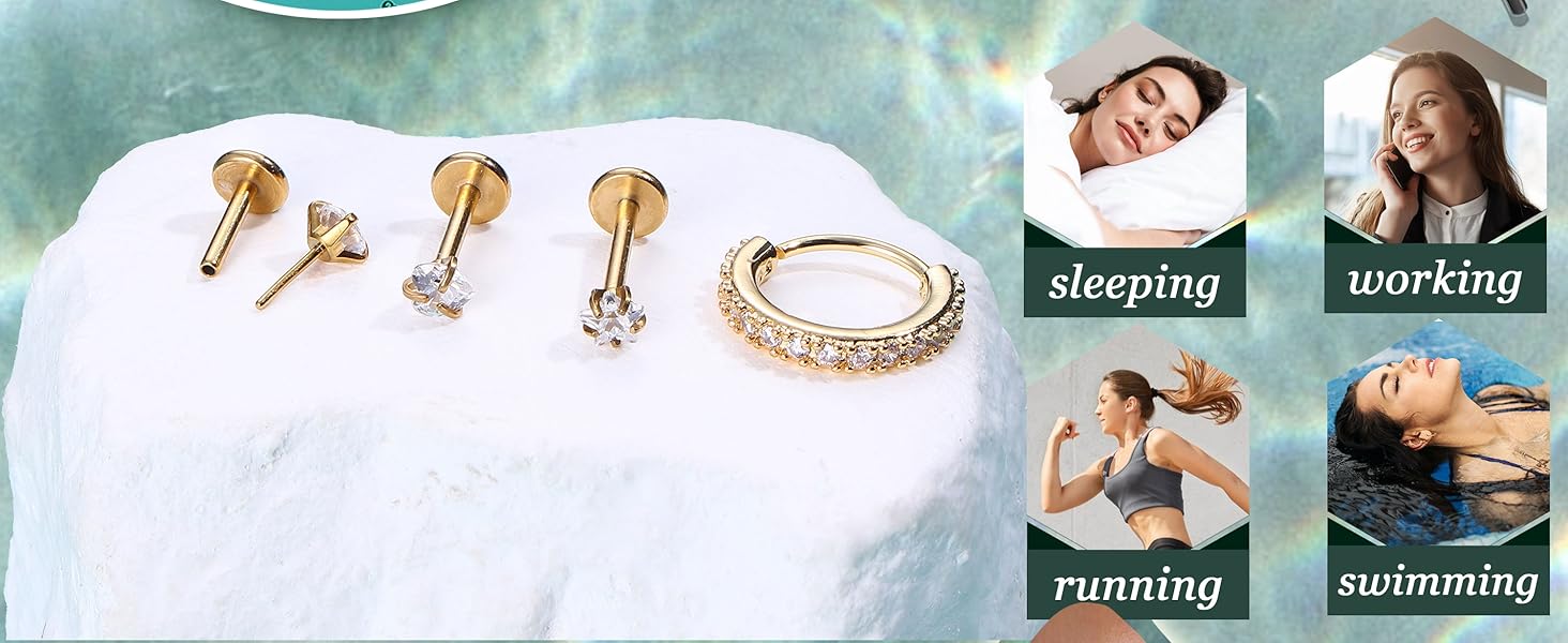 Threadless 14K Gold Plated Surgical Steel CZ Nose Rings Studs Hoops - Hypoallergenic Push-in Flat Back Nose Ear Cartilage Piercing Jewelry for Women Men