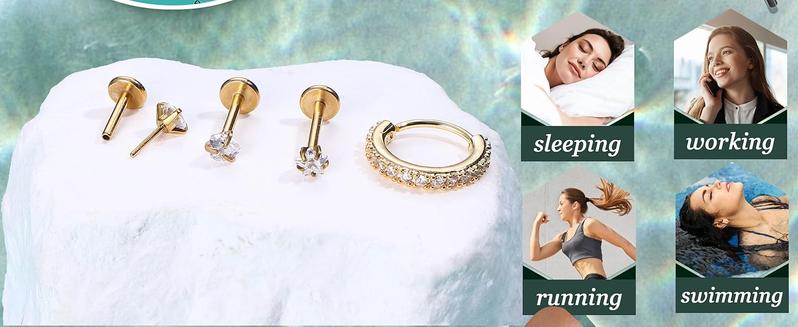 Threadless 14K Gold Plated Surgical Steel CZ Nose Rings Studs Hoops - Hypoallergenic Push-in Flat Back Nose Ear Cartilage Piercing Jewelry for Women Men