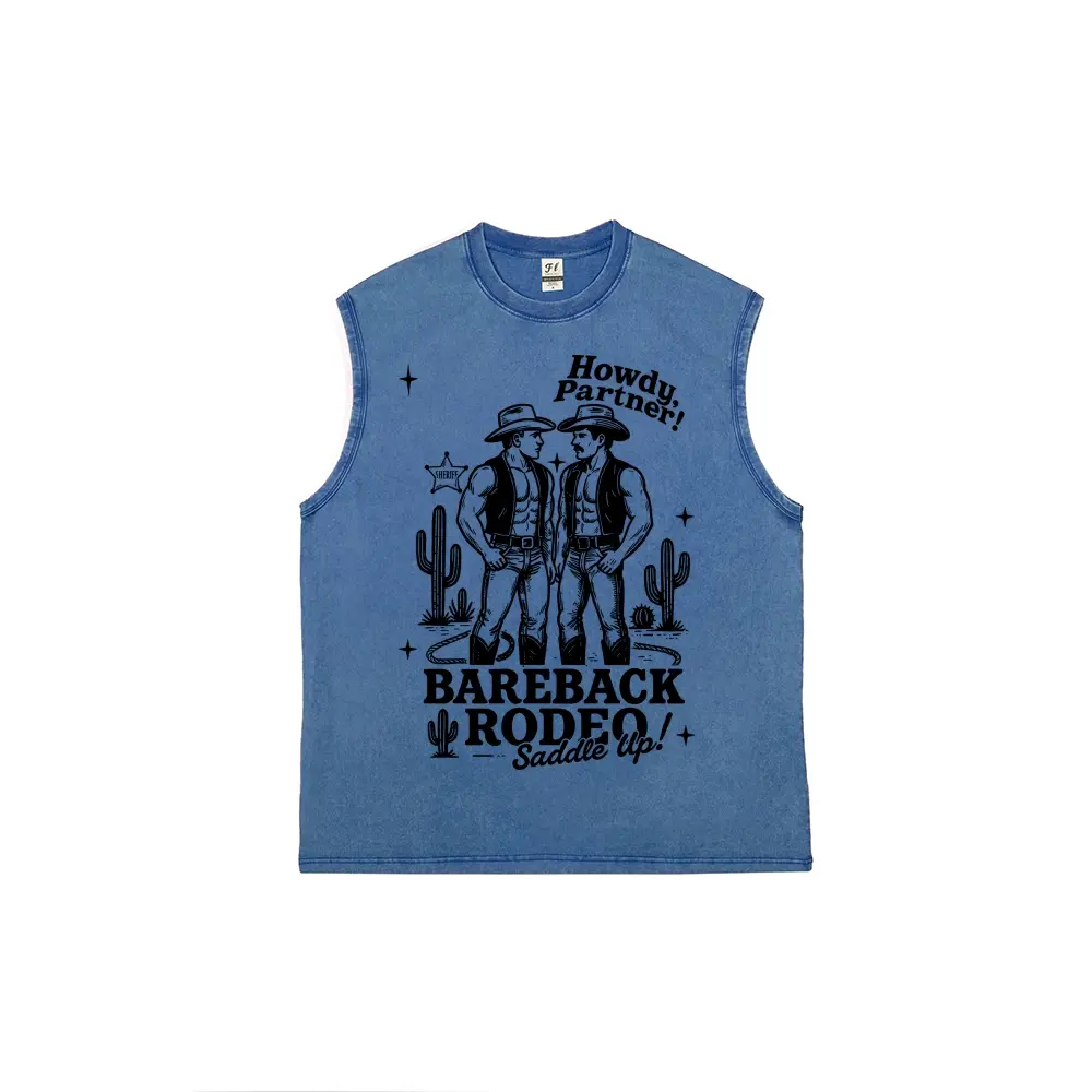 Tom of Finland Men's Sleeveless Washed Tank Top with Denim-Inspired CP Print - Sexy Regular Fit Muscle Tee