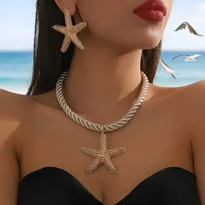 3Pcs/Set Exquisite Starfish Pendant Necklace Bohemian Chic Starfish Drop Earrings Set Vintage Handmade Exaggerated Golden Starfish Pendant Braided Necklace Weddings, Proms, Music Festivals, and Holiday Wear Accessories