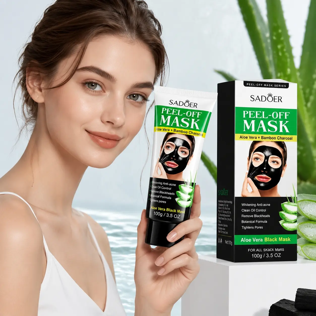 SADOER Aloe Vera Bamboo Charcoal Peel-Off Face Mask Treatment 100g, Deep Cleansing Pore Care and Oil Control Black Mask, At-Home Facial Skincare, 1 Tube with Retail Box