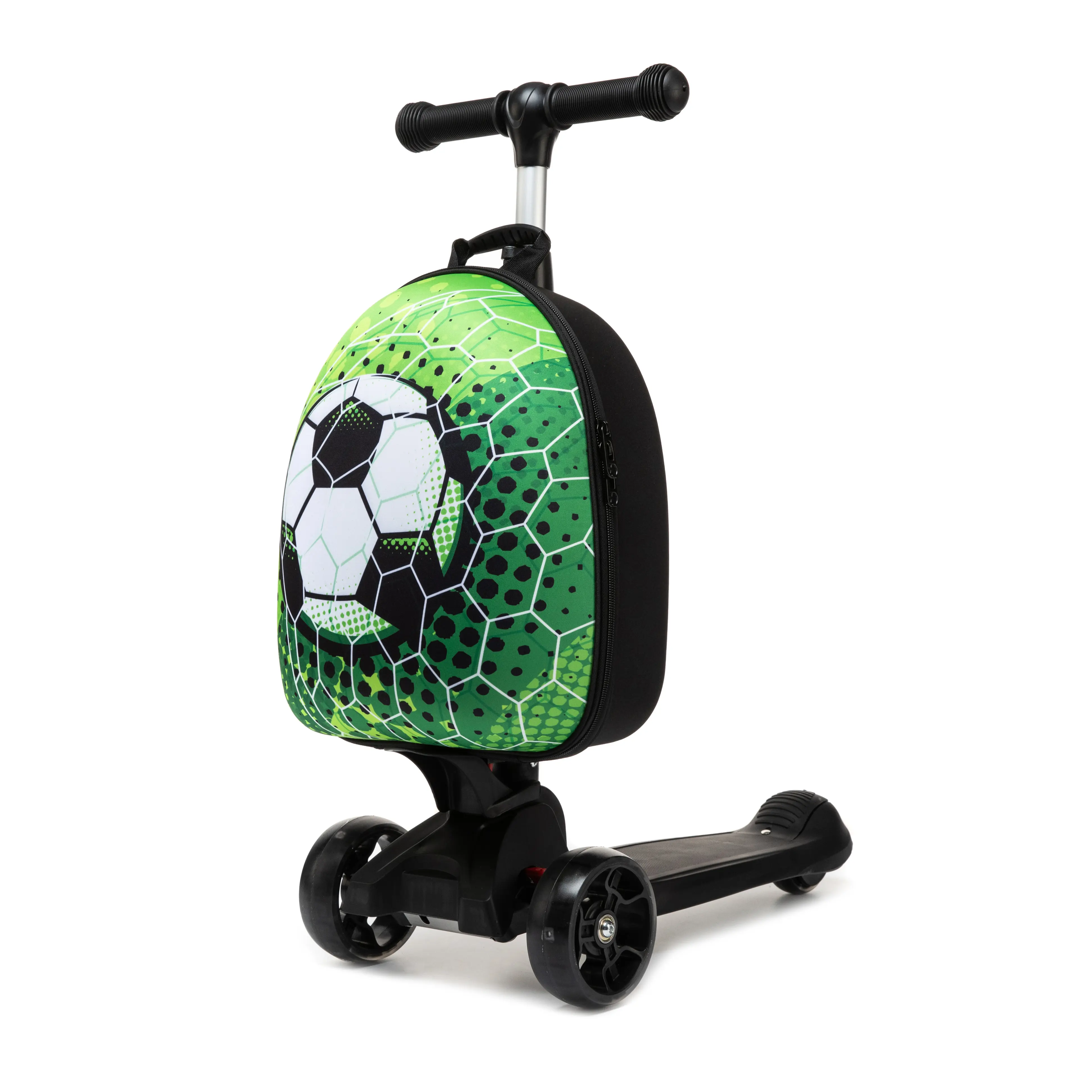 2-in-1 Kids Soccer Scooter Suitcase - Folding Frame, Handle Grip, Polyester Shell, 3-Wheel Lightweight Ride + Carry Cabin Bag, Travel Toys Toddler Luggage for Boys
