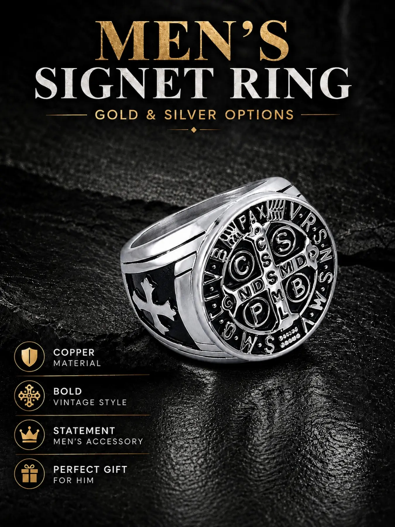 Men's Vintage Seal Ring, Freemasonry Style Cross Compass Jewelry Rings, Copper Material, Punk Style, All Seasons, Unique Hip Hop Ring