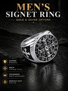 Men's Vintage Seal Ring, Freemasonry Style Cross Compass Jewelry Rings, Copper Material, Punk Style, All Seasons, Unique Hip Hop Ring