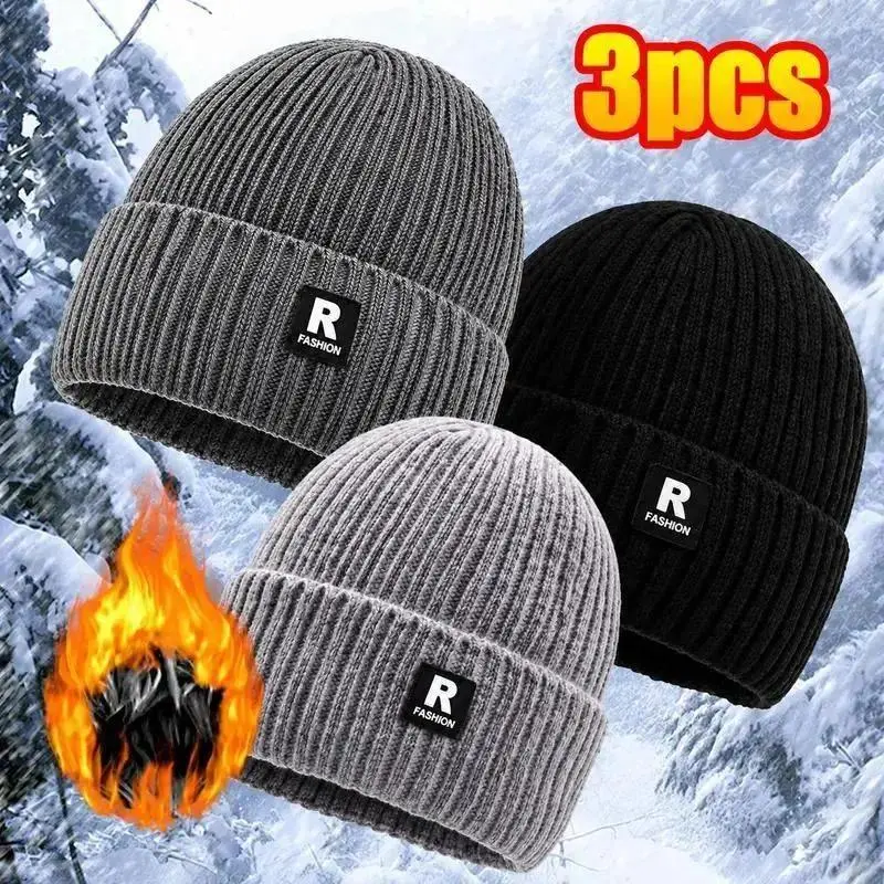 3-Pack Men's Fleece-Lined Beanie Hats, Warm Ribbed Knit Winter Caps